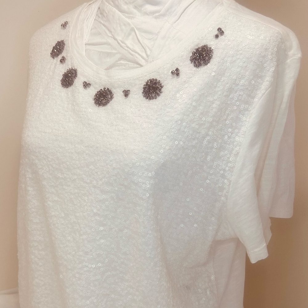Loft NWT Size XL white sequins embellished scoop neck top short sleeve